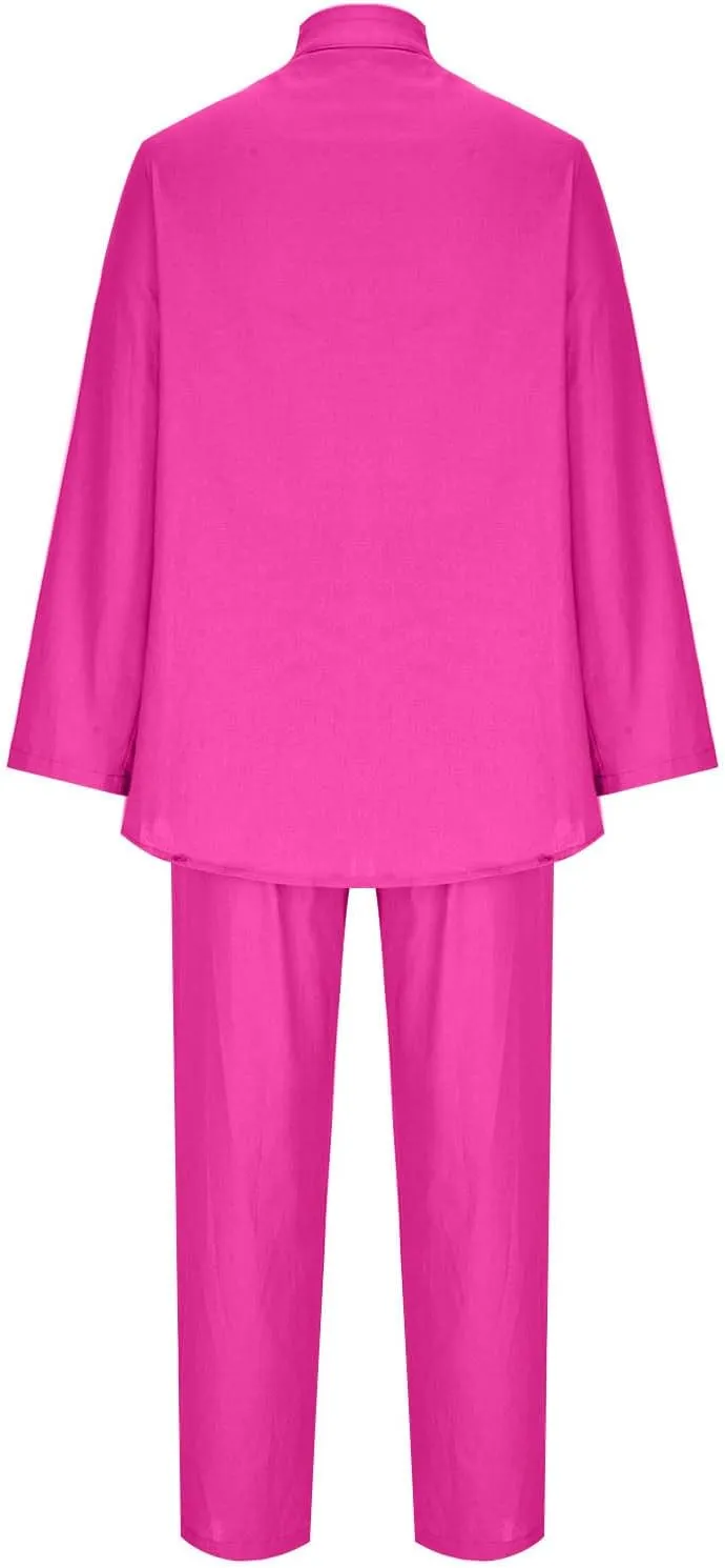 Linen Two Piece Sets for Women Cotton Pajamas Long Sleeve Button Down Shirts Wide Leg Pants with Pockets Casual Set