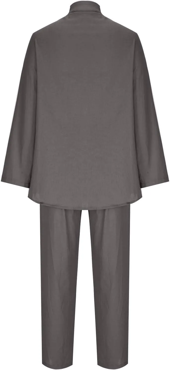 Linen Two Piece Sets for Women Cotton Pajamas Long Sleeve Button Down Shirts Wide Leg Pants with Pockets Casual Set