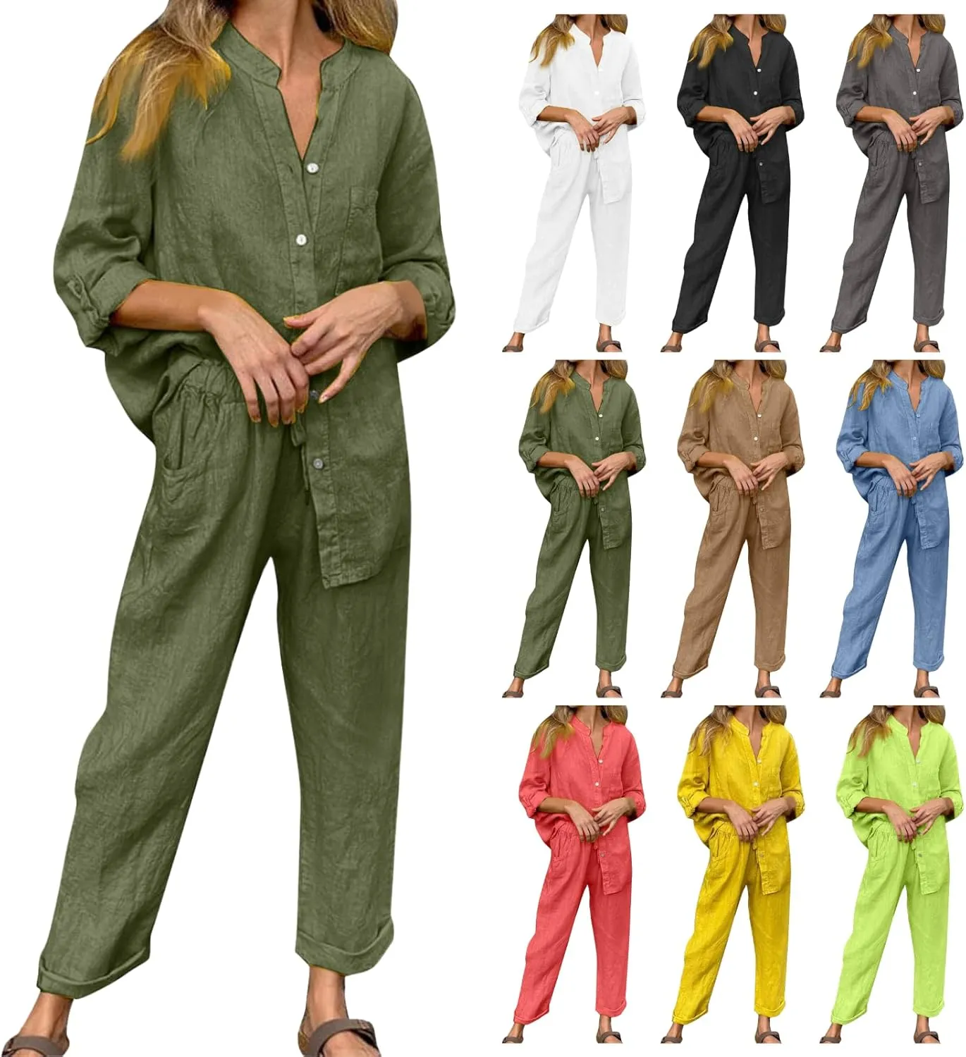 Linen Two Piece Sets for Women Cotton Pajamas Long Sleeve Button Down Shirts Wide Leg Pants with Pockets Casual Set
