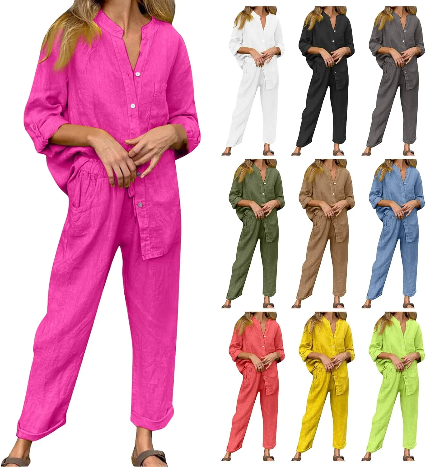 Linen Two Piece Sets for Women Cotton Pajamas Long Sleeve Button Down Shirts Wide Leg Pants with Pockets Casual Set