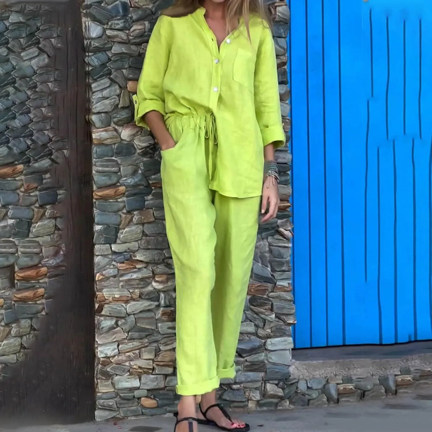 Linen Two Piece Sets for Women Cotton Pajamas Long Sleeve Button Down Shirts Wide Leg Pants with Pockets Casual Set