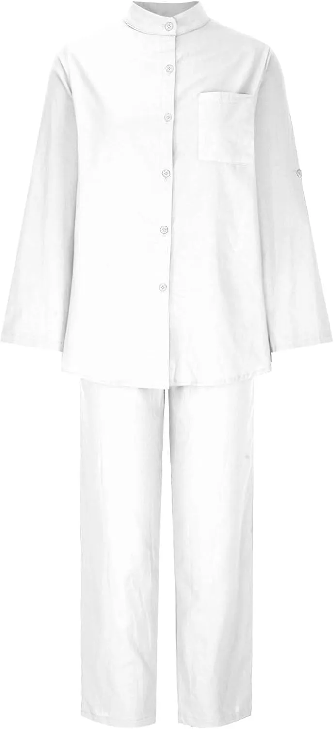 Linen Two Piece Sets for Women Cotton Pajamas Long Sleeve Button Down Shirts Wide Leg Pants with Pockets Casual Set