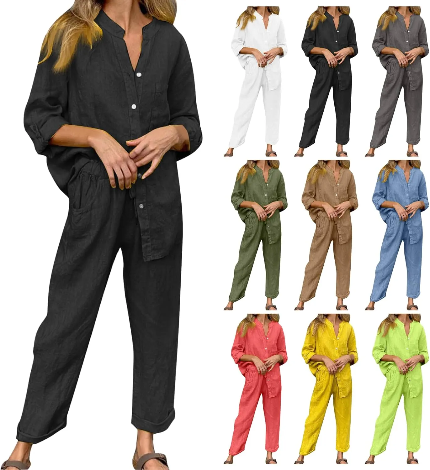 Linen Two Piece Sets for Women Cotton Pajamas Long Sleeve Button Down Shirts Wide Leg Pants with Pockets Casual Set