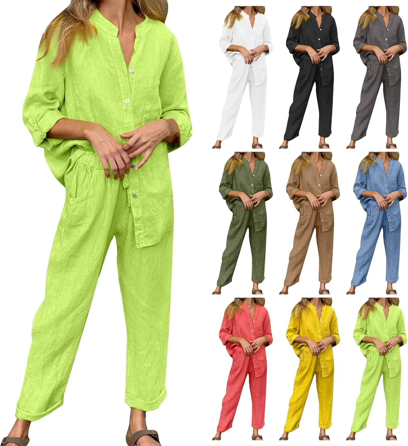 Linen Two Piece Sets for Women Cotton Pajamas Long Sleeve Button Down Shirts Wide Leg Pants with Pockets Casual Set