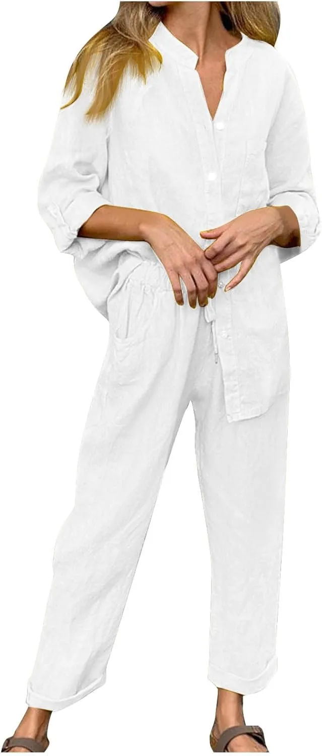 Linen Two Piece Sets for Women Cotton Pajamas Long Sleeve Button Down Shirts Wide Leg Pants with Pockets Casual Set