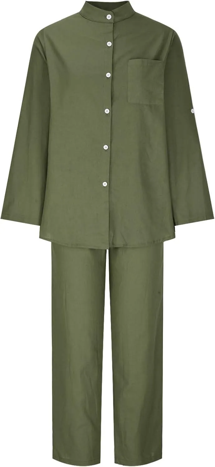 Linen Two Piece Sets for Women Cotton Pajamas Long Sleeve Button Down Shirts Wide Leg Pants with Pockets Casual Set