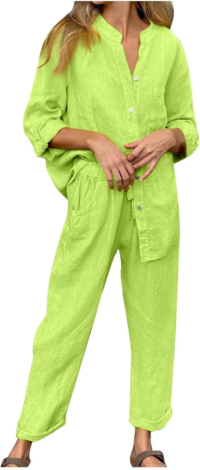Linen Two Piece Sets for Women Cotton Pajamas Long Sleeve Button Down Shirts Wide Leg Pants with Pockets Casual Set