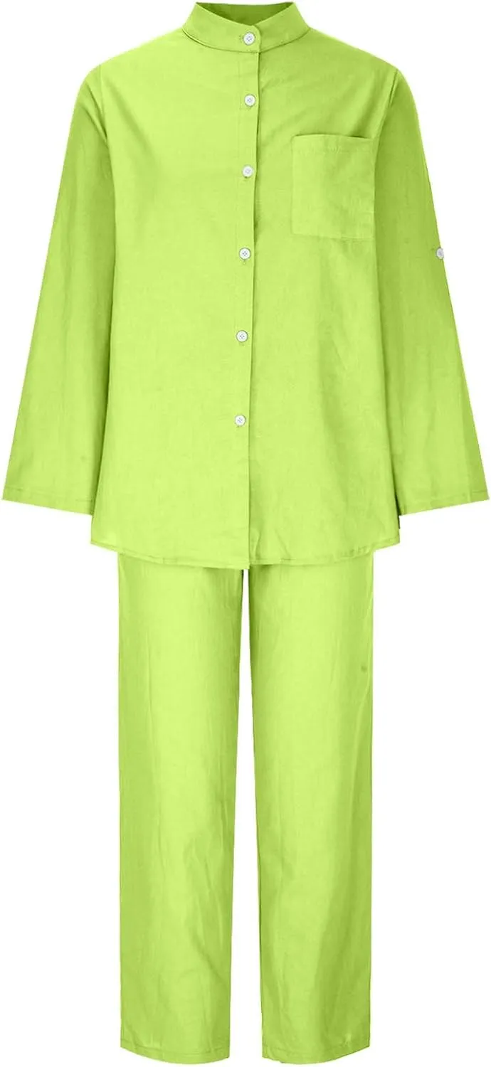 Linen Two Piece Sets for Women Cotton Pajamas Long Sleeve Button Down Shirts Wide Leg Pants with Pockets Casual Set