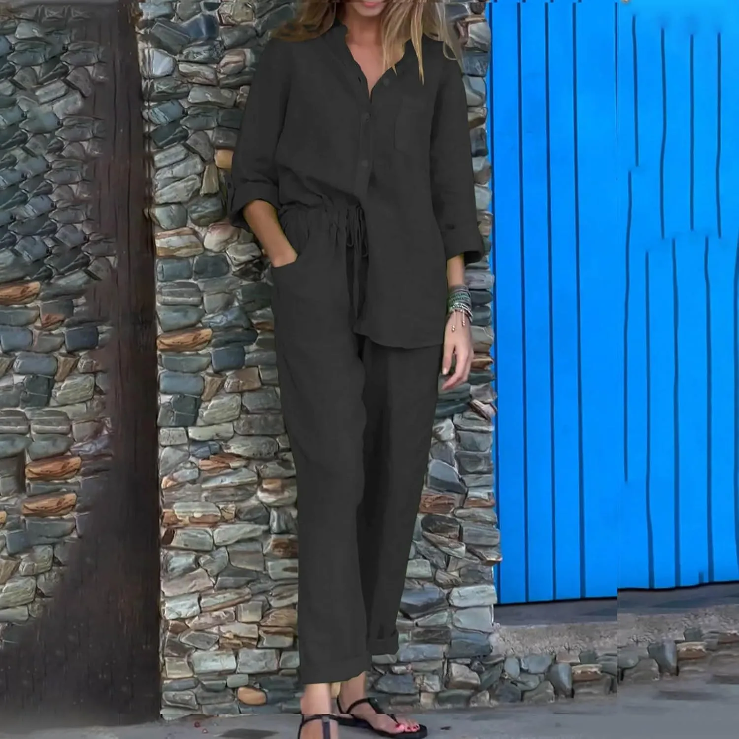 Linen Two Piece Sets for Women Cotton Pajamas Long Sleeve Button Down Shirts Wide Leg Pants with Pockets Casual Set