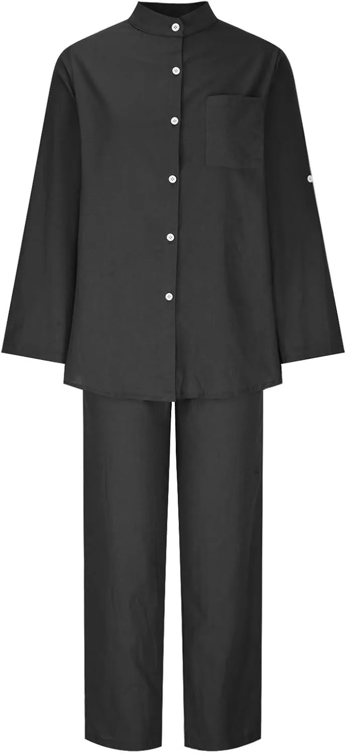 Linen Two Piece Sets for Women Cotton Pajamas Long Sleeve Button Down Shirts Wide Leg Pants with Pockets Casual Set