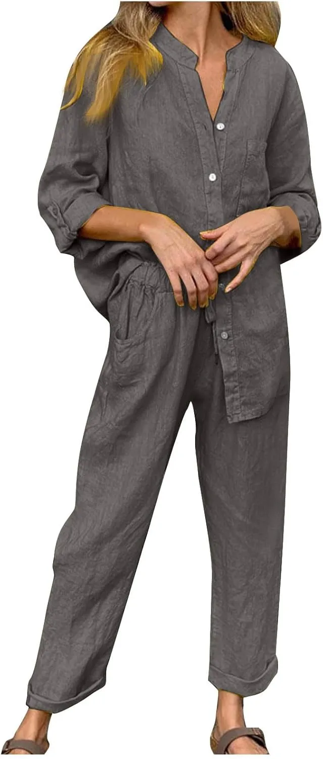 Linen Two Piece Sets for Women Cotton Pajamas Long Sleeve Button Down Shirts Wide Leg Pants with Pockets Casual Set