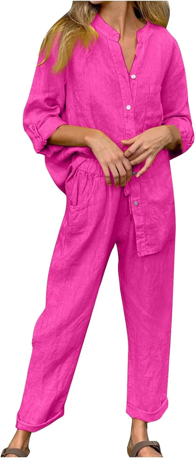 Linen Two Piece Sets for Women Cotton Pajamas Long Sleeve Button Down Shirts Wide Leg Pants with Pockets Casual Set