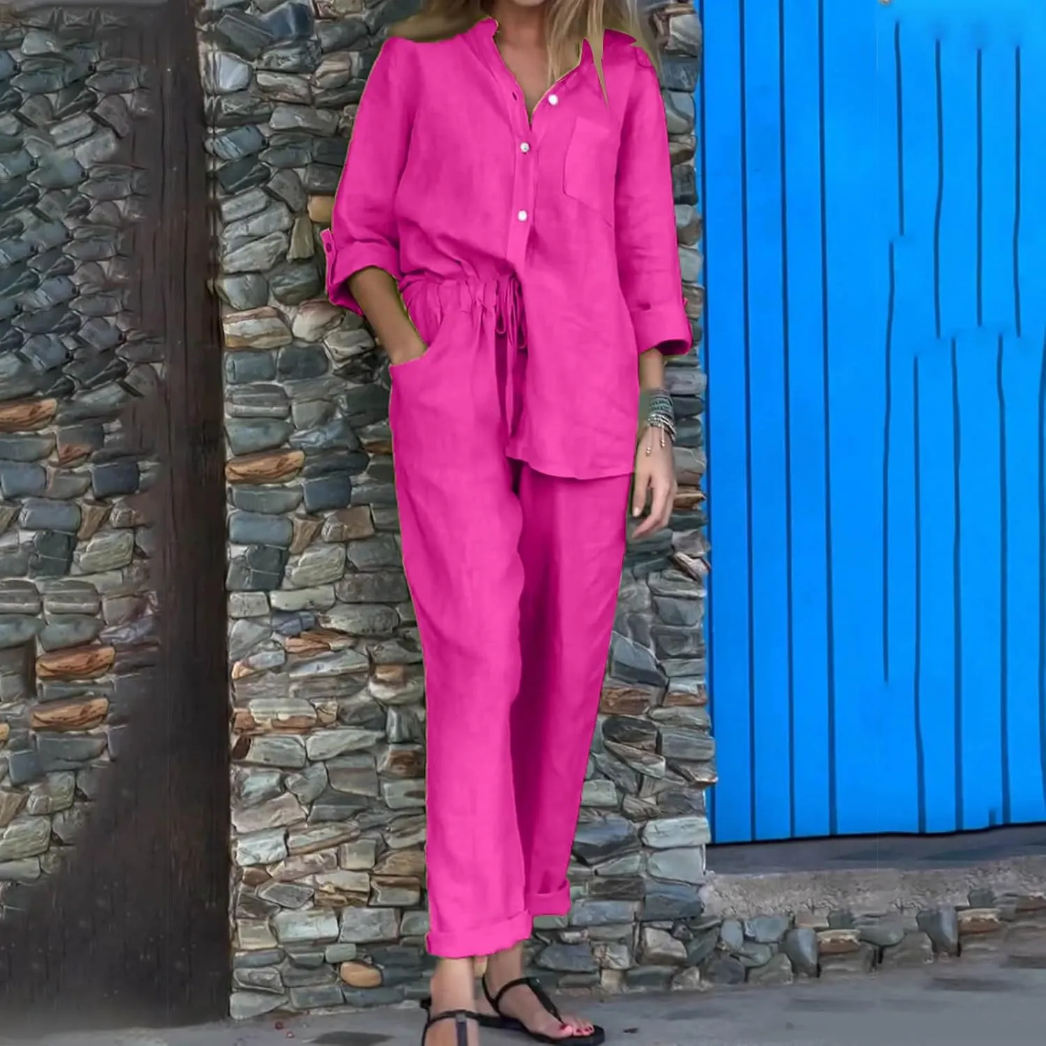 Linen Two Piece Sets for Women Cotton Pajamas Long Sleeve Button Down Shirts Wide Leg Pants with Pockets Casual Set