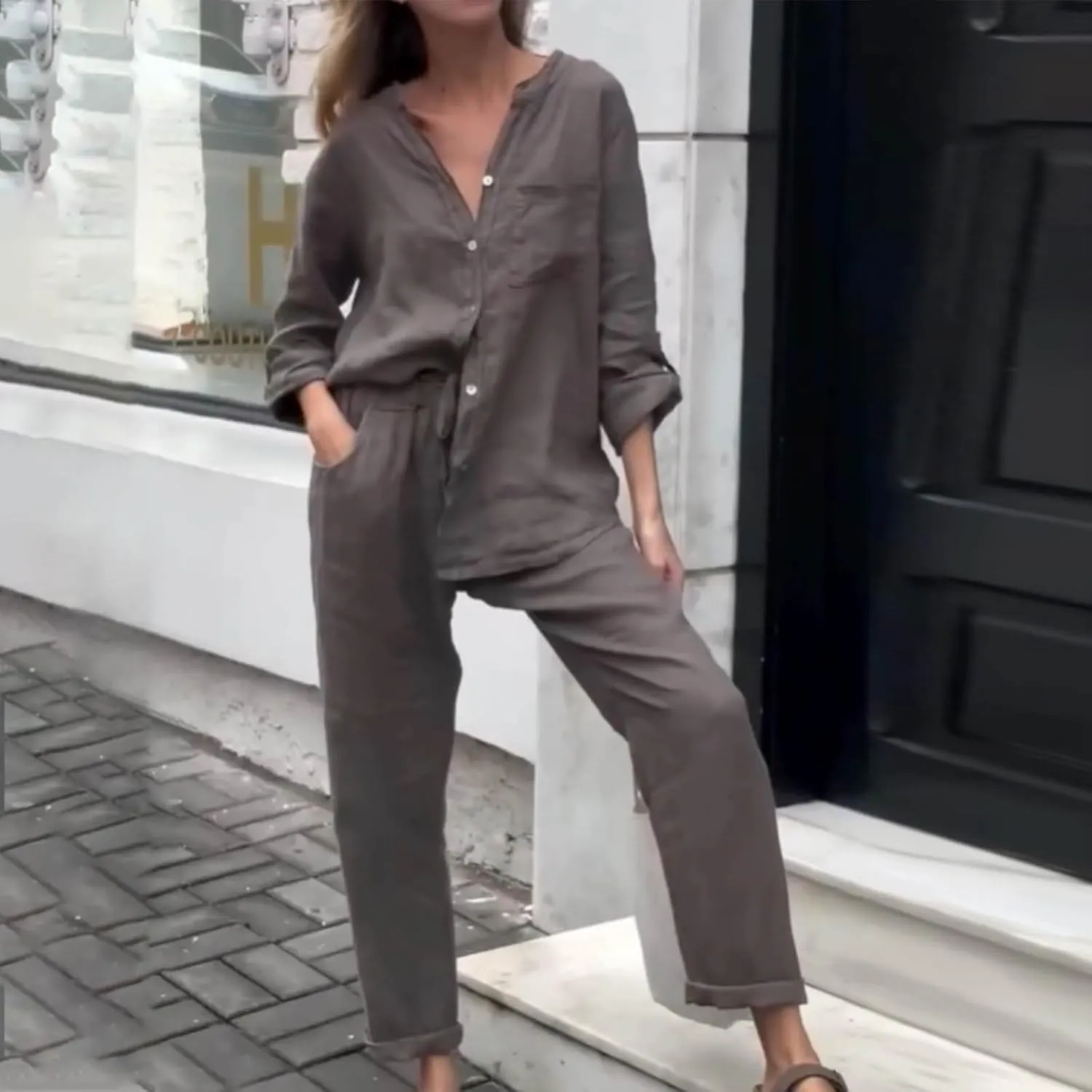 Linen Two Piece Sets for Women Cotton Pajamas Long Sleeve Button Down Shirts Wide Leg Pants with Pockets Casual Set