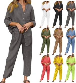 Linen Two Piece Sets for Women Cotton Pajamas Long Sleeve Button Down Shirts Wide Leg Pants with Pockets Casual Set