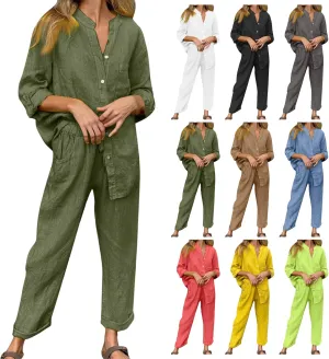 Linen Two Piece Sets for Women Cotton Pajamas Long Sleeve Button Down Shirts Wide Leg Pants with Pockets Casual Set