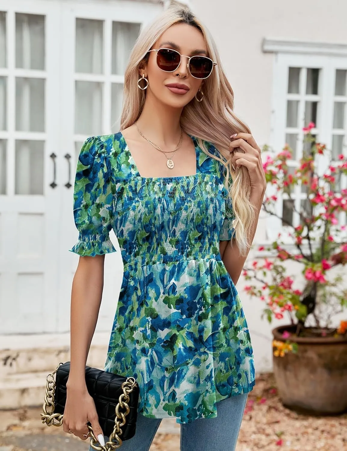 LOMON Women's Tunics Square Neck Puff Short Sleeve Smocked Top Ladies Peplum Blouse Tee Shirts 2025 Spring Summer S-XL