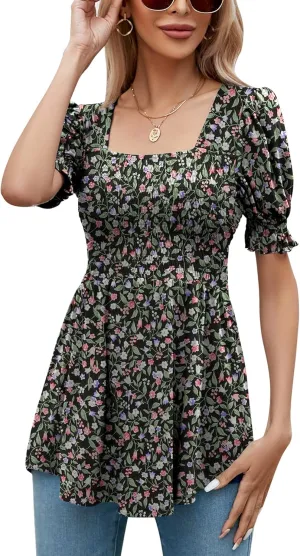 LOMON Women's Tunics Square Neck Puff Short Sleeve Smocked Top Ladies Peplum Blouse Tee Shirts 2025 Spring Summer S-XL