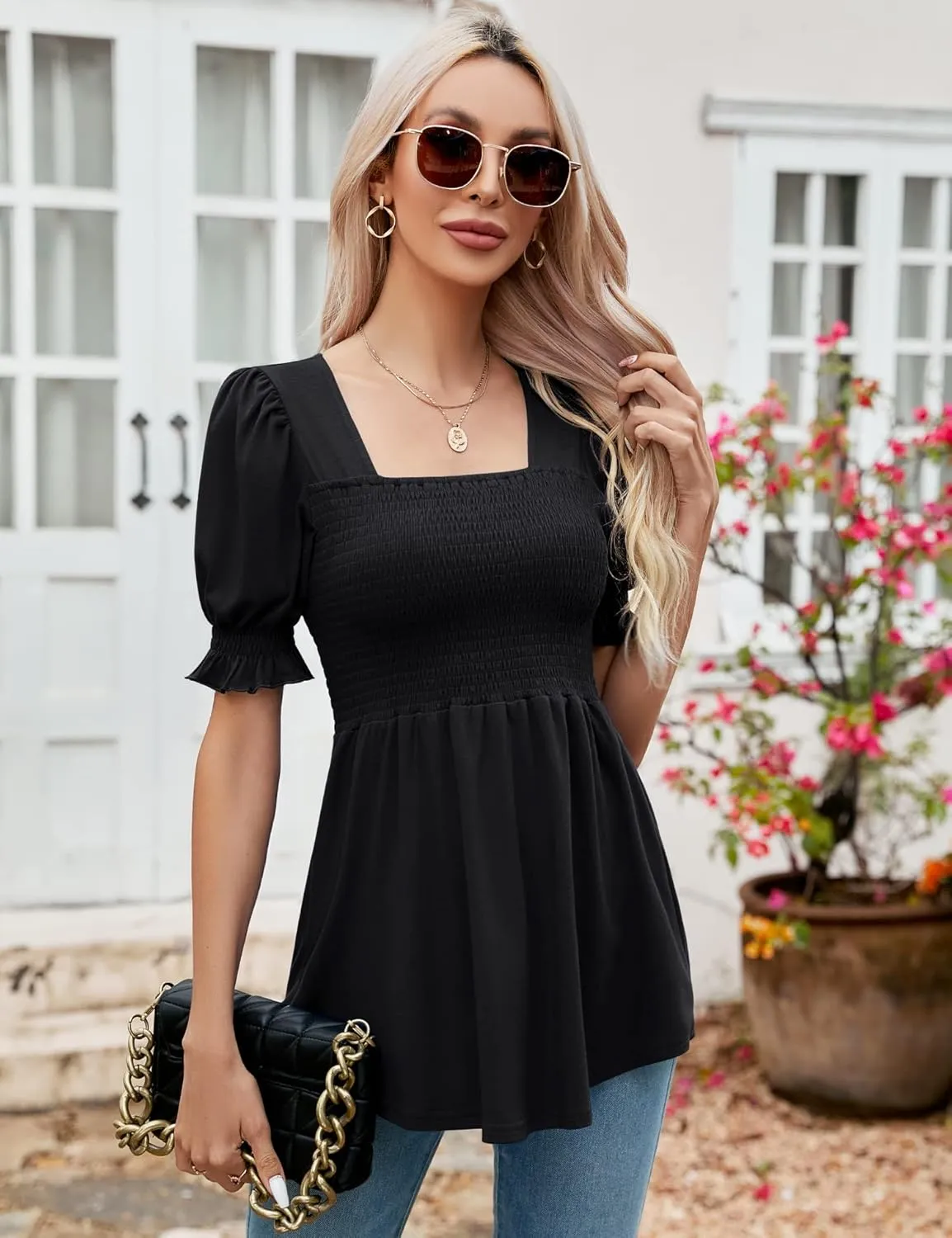 LOMON Women's Tunics Square Neck Puff Short Sleeve Smocked Top Ladies Peplum Blouse Tee Shirts 2025 Spring Summer S-XL