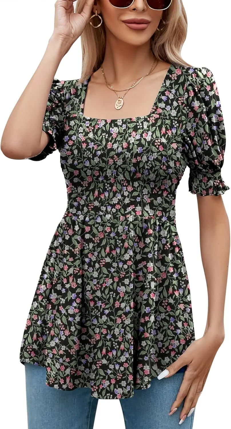 LOMON Women's Tunics Square Neck Puff Short Sleeve Smocked Top Ladies Peplum Blouse Tee Shirts 2025 Spring Summer S-XL