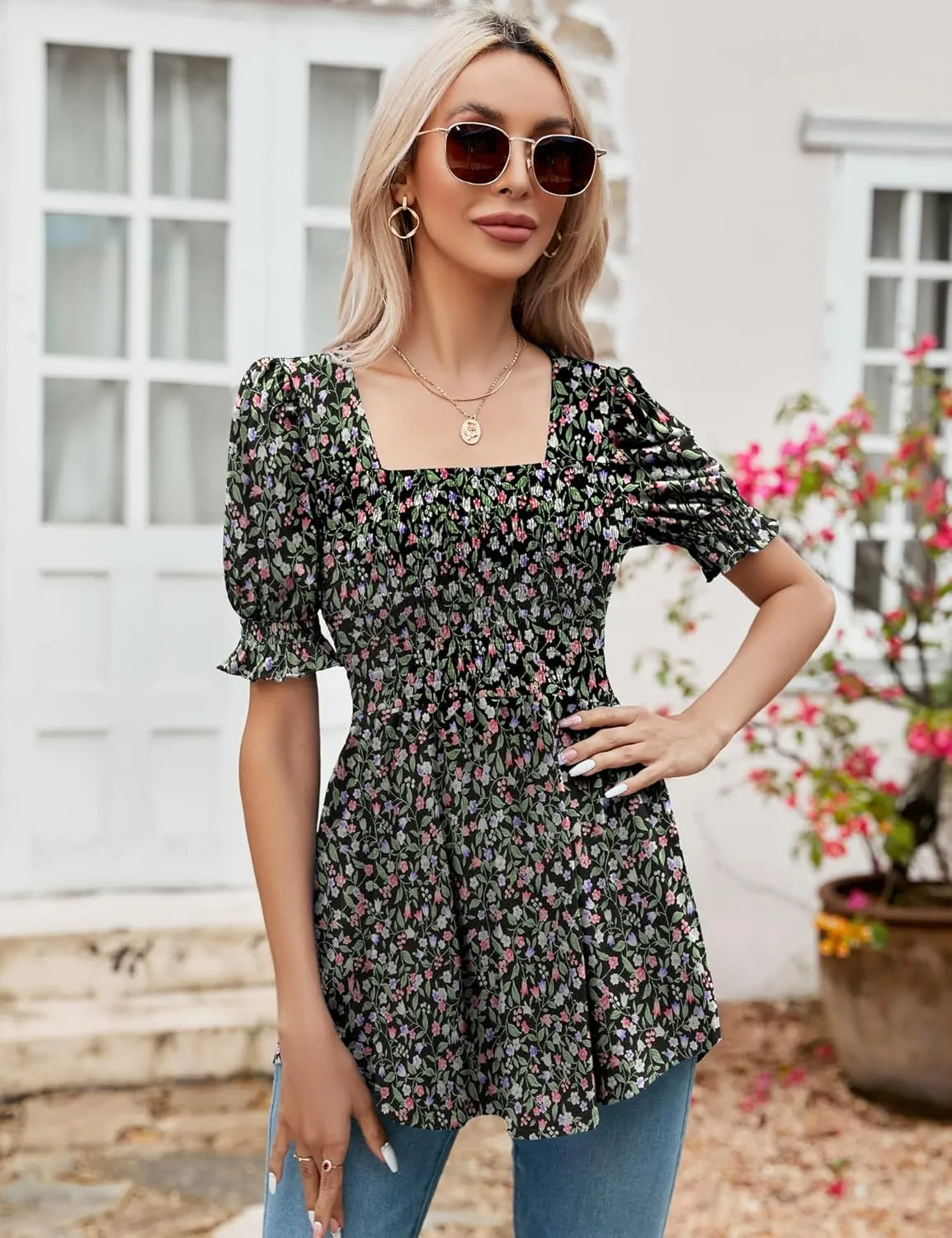 LOMON Women's Tunics Square Neck Puff Short Sleeve Smocked Top Ladies Peplum Blouse Tee Shirts 2025 Spring Summer S-XL