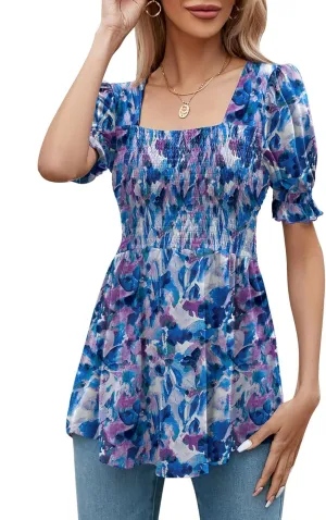 LOMON Women's Tunics Square Neck Puff Short Sleeve Smocked Top Ladies Peplum Blouse Tee Shirts 2025 Spring Summer S-XL