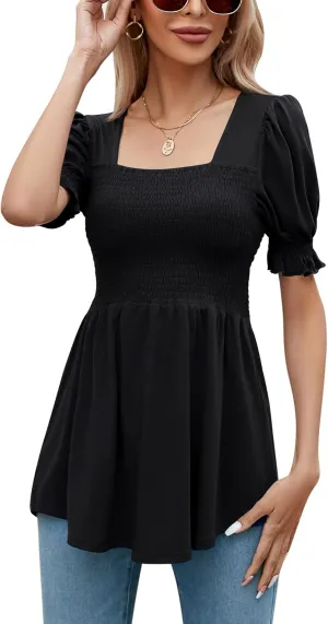 LOMON Women's Tunics Square Neck Puff Short Sleeve Smocked Top Ladies Peplum Blouse Tee Shirts 2025 Spring Summer S-XL