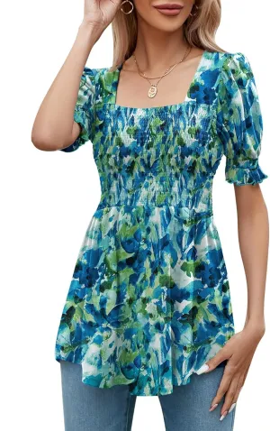 LOMON Women's Tunics Square Neck Puff Short Sleeve Smocked Top Ladies Peplum Blouse Tee Shirts 2025 Spring Summer S-XL