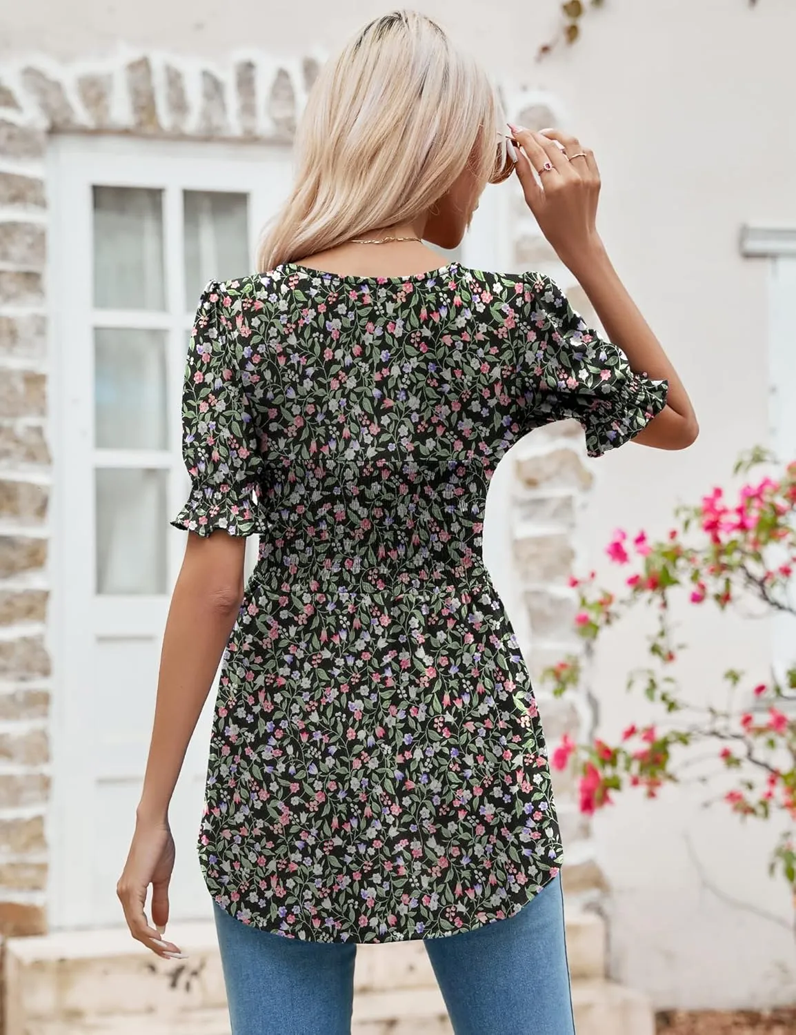LOMON Women's Tunics Square Neck Puff Short Sleeve Smocked Top Ladies Peplum Blouse Tee Shirts 2025 Spring Summer S-XL