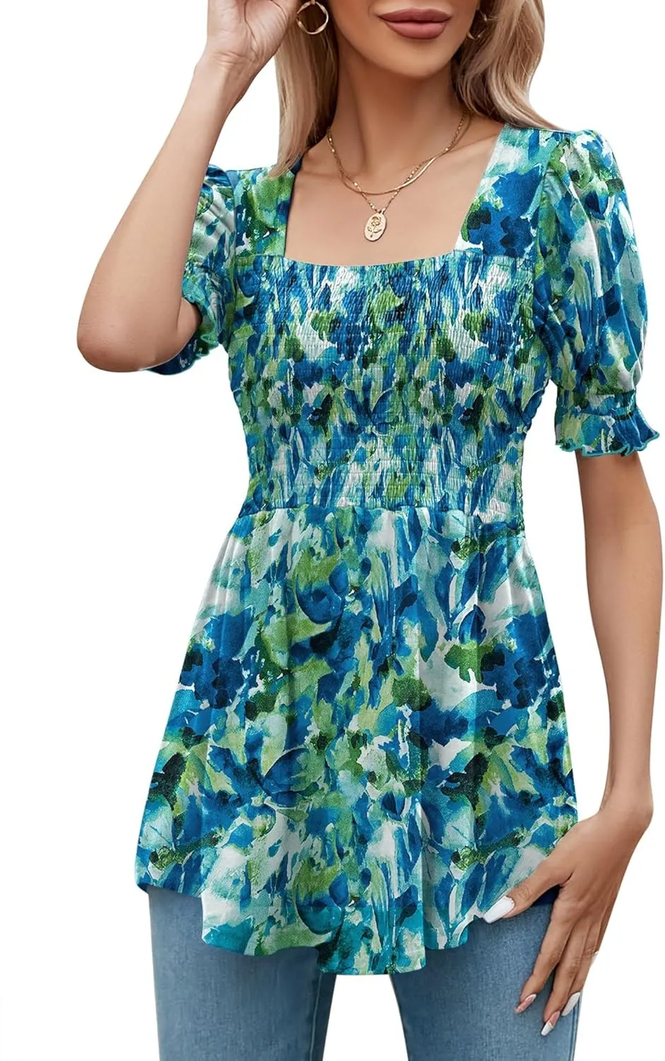 LOMON Women's Tunics Square Neck Puff Short Sleeve Smocked Top Ladies Peplum Blouse Tee Shirts 2025 Spring Summer S-XL