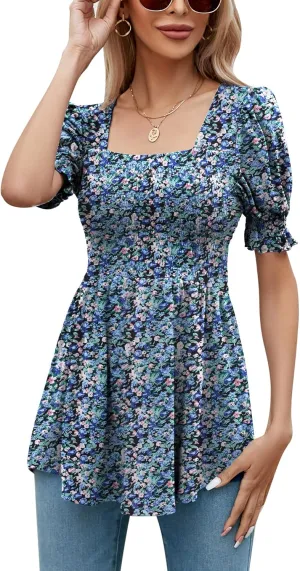 LOMON Women's Tunics Square Neck Puff Short Sleeve Smocked Top Ladies Peplum Blouse Tee Shirts 2025 Spring Summer S-XL