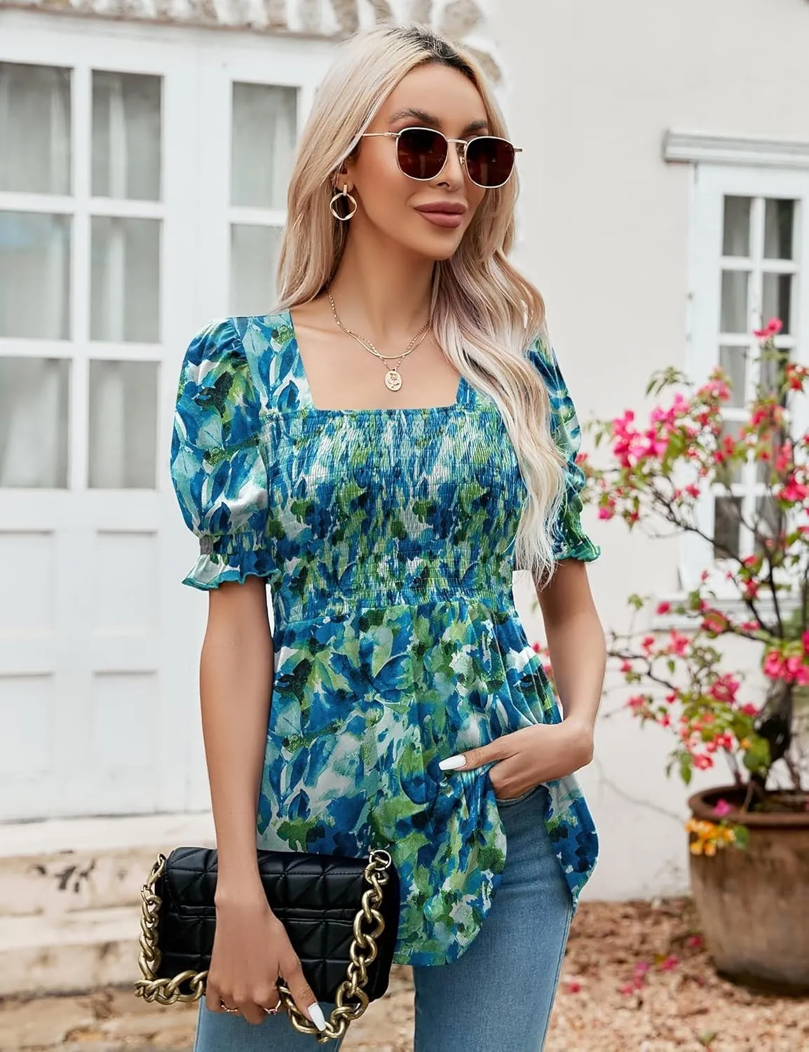 LOMON Women's Tunics Square Neck Puff Short Sleeve Smocked Top Ladies Peplum Blouse Tee Shirts 2025 Spring Summer S-XL