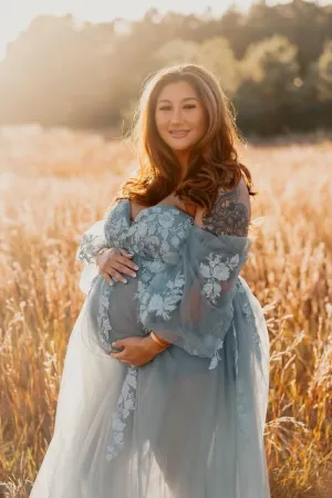 Long Sleeve Maternity Dress Off Should Tulle Baby Shower Dress Laces Appliques Pregnancy Gown