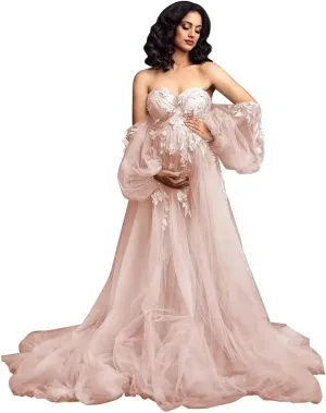 Long Sleeve Maternity Dress Off Should Tulle Baby Shower Dress Laces Appliques Pregnancy Gown