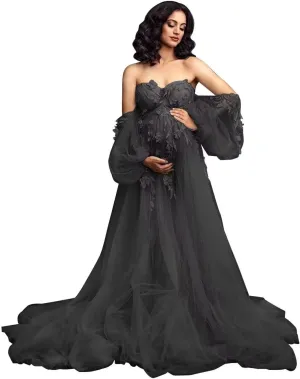 Long Sleeve Maternity Dress Off Should Tulle Baby Shower Dress Laces Appliques Pregnancy Gown