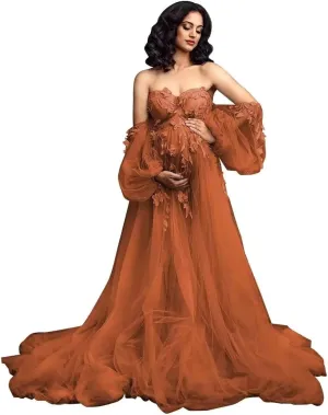 Long Sleeve Maternity Dress Off Should Tulle Baby Shower Dress Laces Appliques Pregnancy Gown