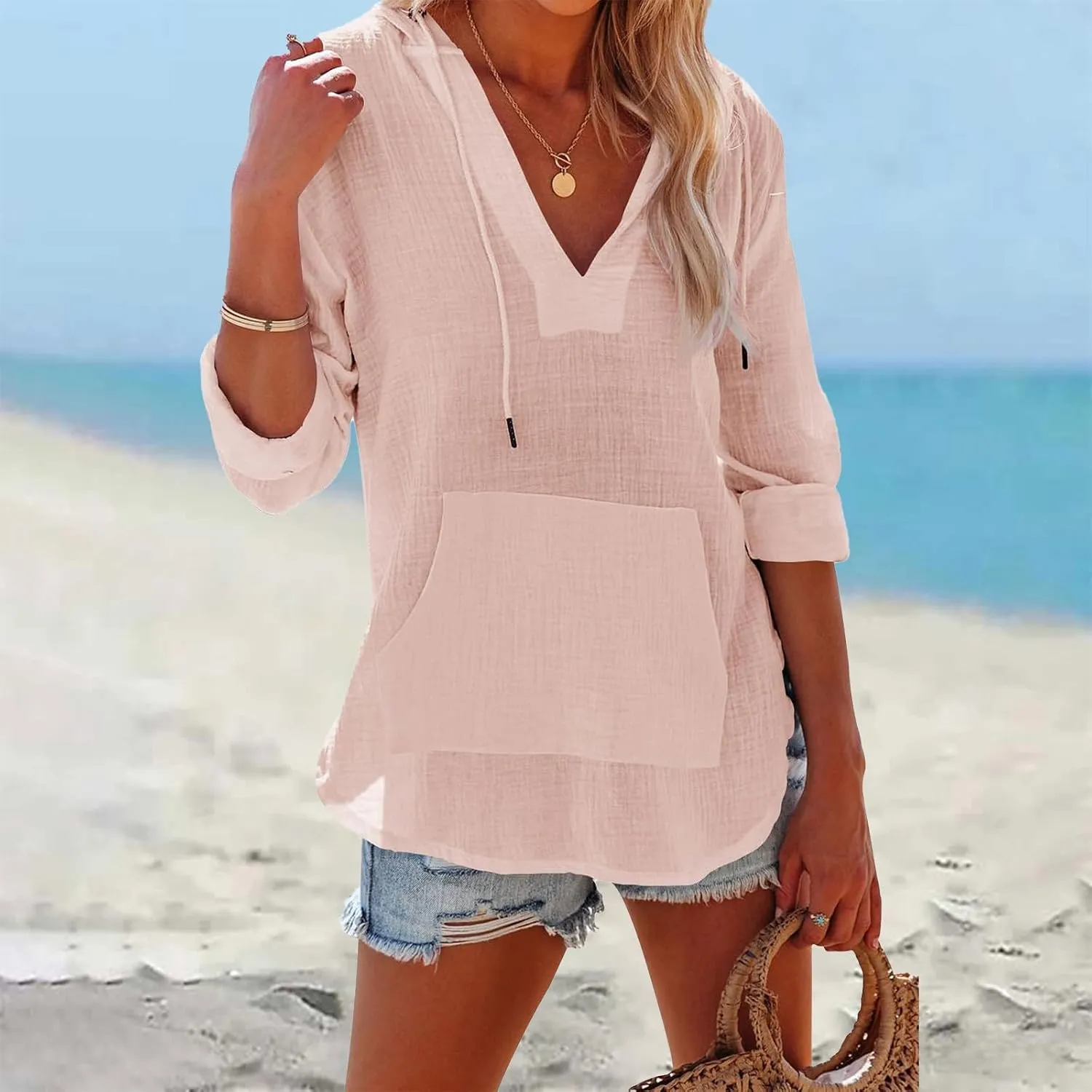 Long Sleeve Shirts for Women Casual V Neck Linen T Shirts Lightweight Pullover Tops Hoodie Sweatshirts Beach Cover Up