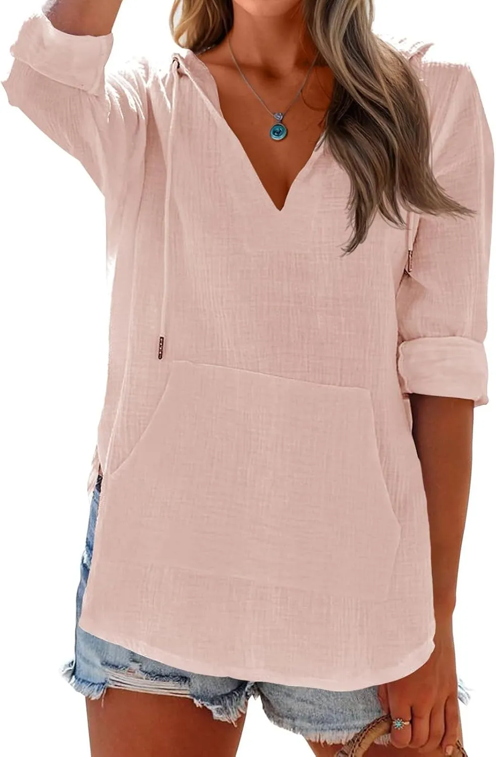 Long Sleeve Shirts for Women Casual V Neck Linen T Shirts Lightweight Pullover Tops Hoodie Sweatshirts Beach Cover Up
