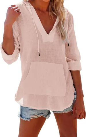 Long Sleeve Shirts for Women Casual V Neck Linen T Shirts Lightweight Pullover Tops Hoodie Sweatshirts Beach Cover Up