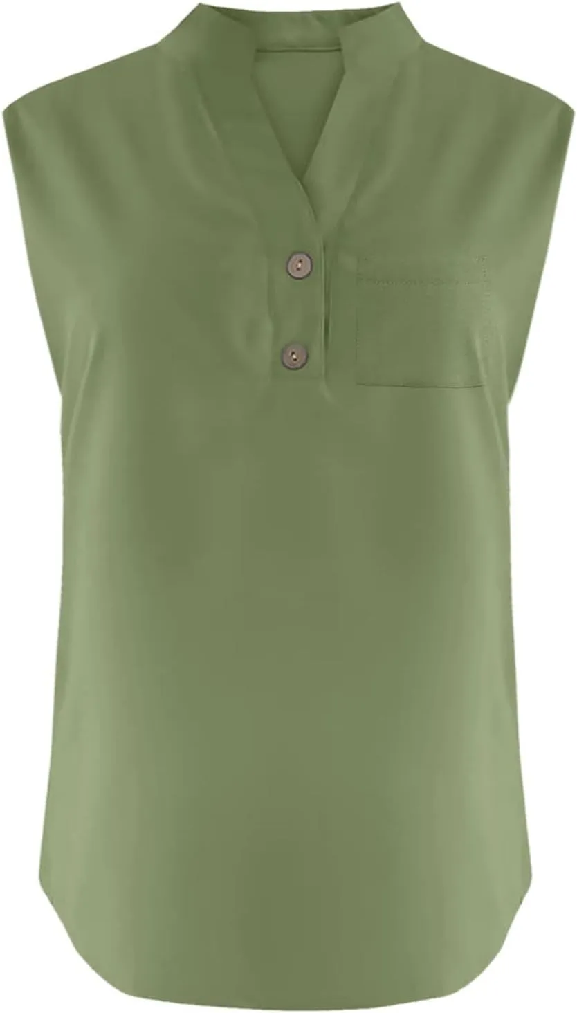 Loose Fit Linen Tank Tops for Women Sleeveless V-Neck Button Cami Shirts with Side Slits Beach Vacation Outfits​