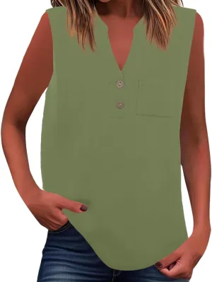 Loose Fit Linen Tank Tops for Women Sleeveless V-Neck Button Cami Shirts with Side Slits Beach Vacation Outfits​