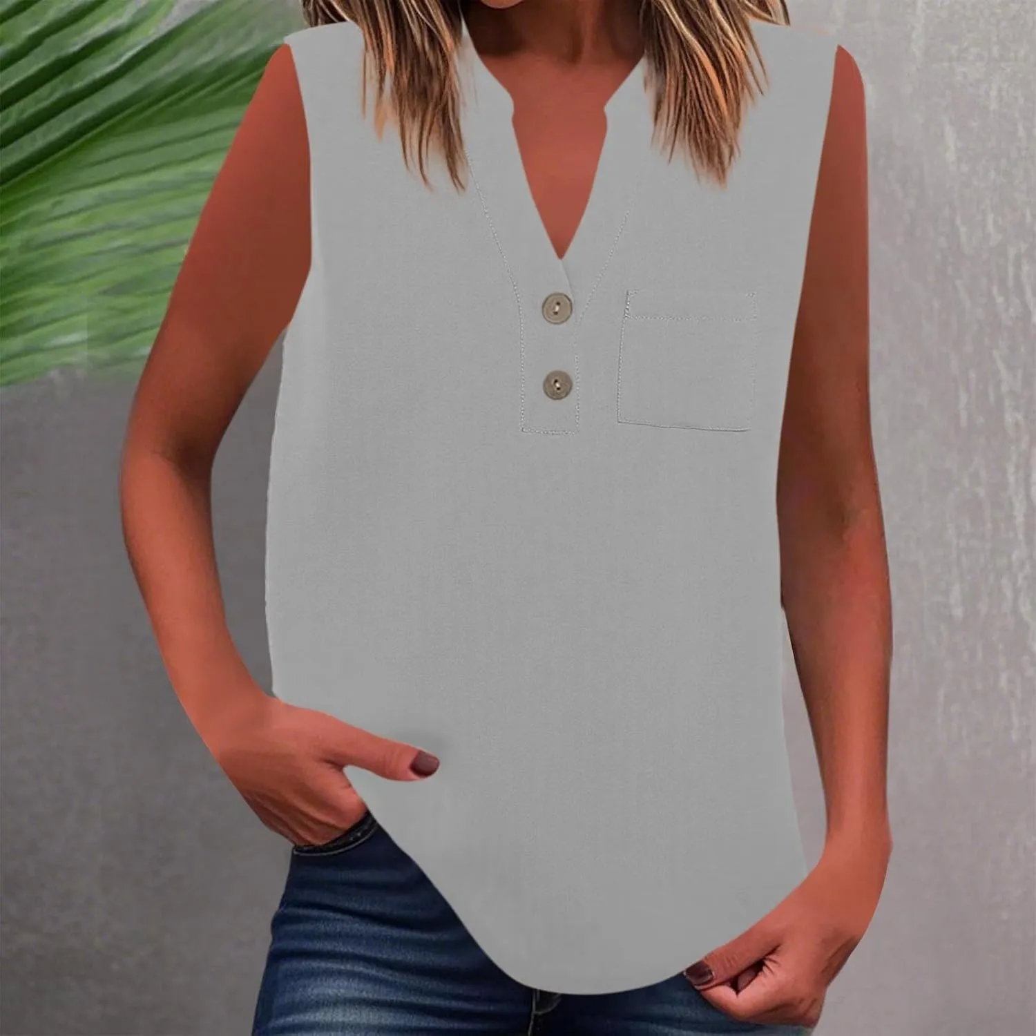 Loose Fit Linen Tank Tops for Women Sleeveless V-Neck Button Cami Shirts with Side Slits Beach Vacation Outfits​