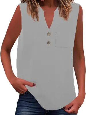 Loose Fit Linen Tank Tops for Women Sleeveless V-Neck Button Cami Shirts with Side Slits Beach Vacation Outfits​