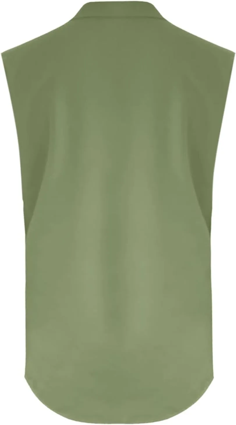 Loose Fit Linen Tank Tops for Women Sleeveless V-Neck Button Cami Shirts with Side Slits Beach Vacation Outfits​