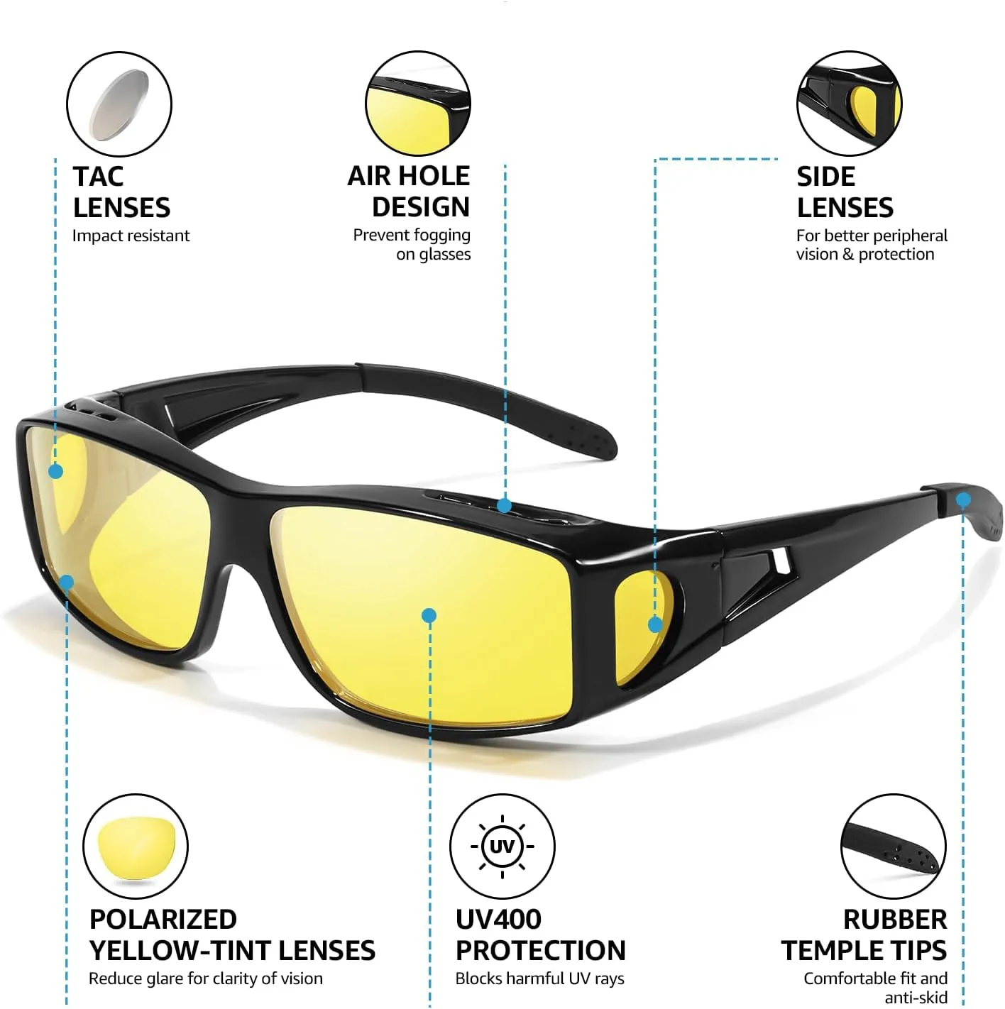 LVIOE Wrap Around Night-Vision Glasses, Fit Over Prescription Glasses with Polarized Yellow Lens Night-Driving Glasses