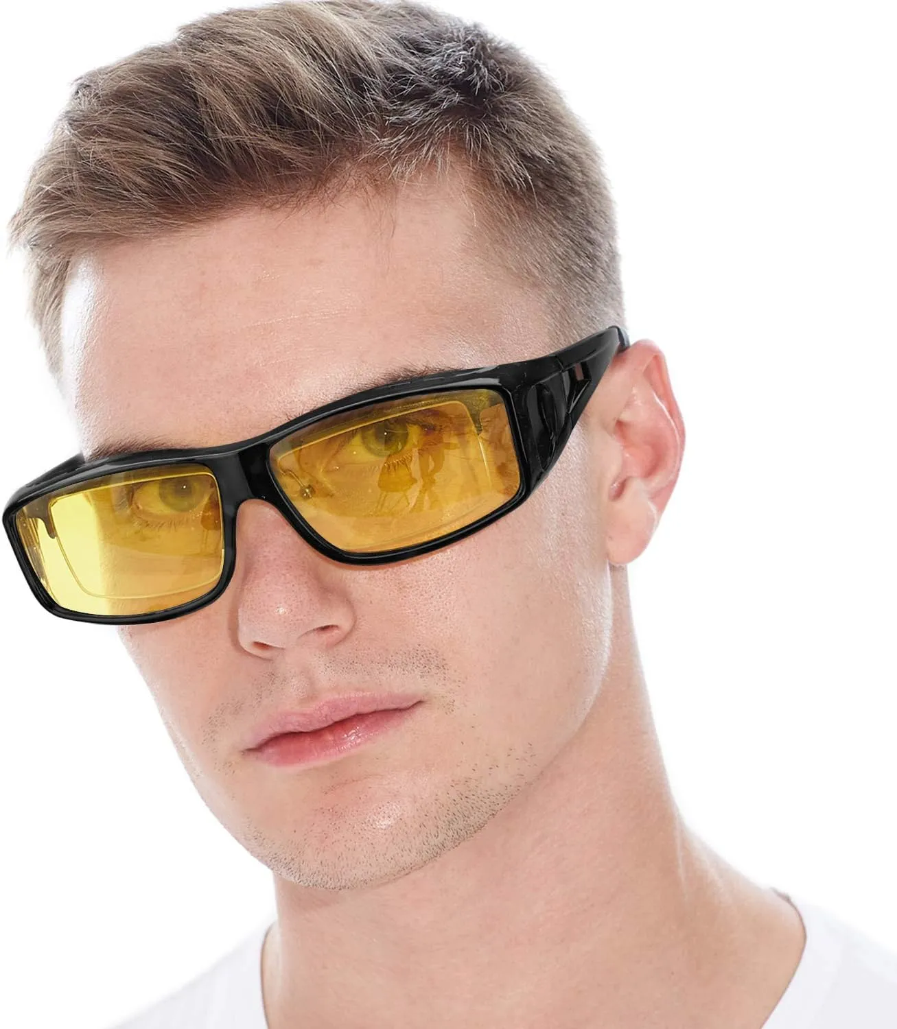 LVIOE Wrap Around Night-Vision Glasses, Fit Over Prescription Glasses with Polarized Yellow Lens Night-Driving Glasses