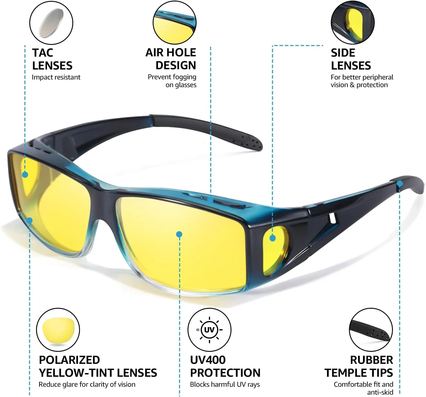 LVIOE Wrap Around Night-Vision Glasses, Fit Over Prescription Glasses with Polarized Yellow Lens Night-Driving Glasses