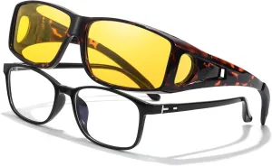 LVIOE Wrap Around Night-Vision Glasses, Fit Over Prescription Glasses with Polarized Yellow Lens Night-Driving Glasses