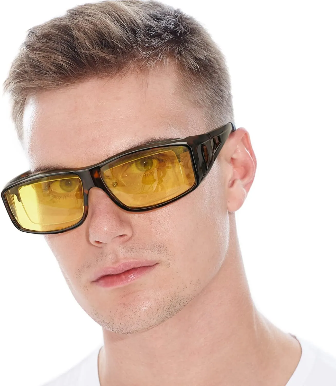 LVIOE Wrap Around Night-Vision Glasses, Fit Over Prescription Glasses with Polarized Yellow Lens Night-Driving Glasses