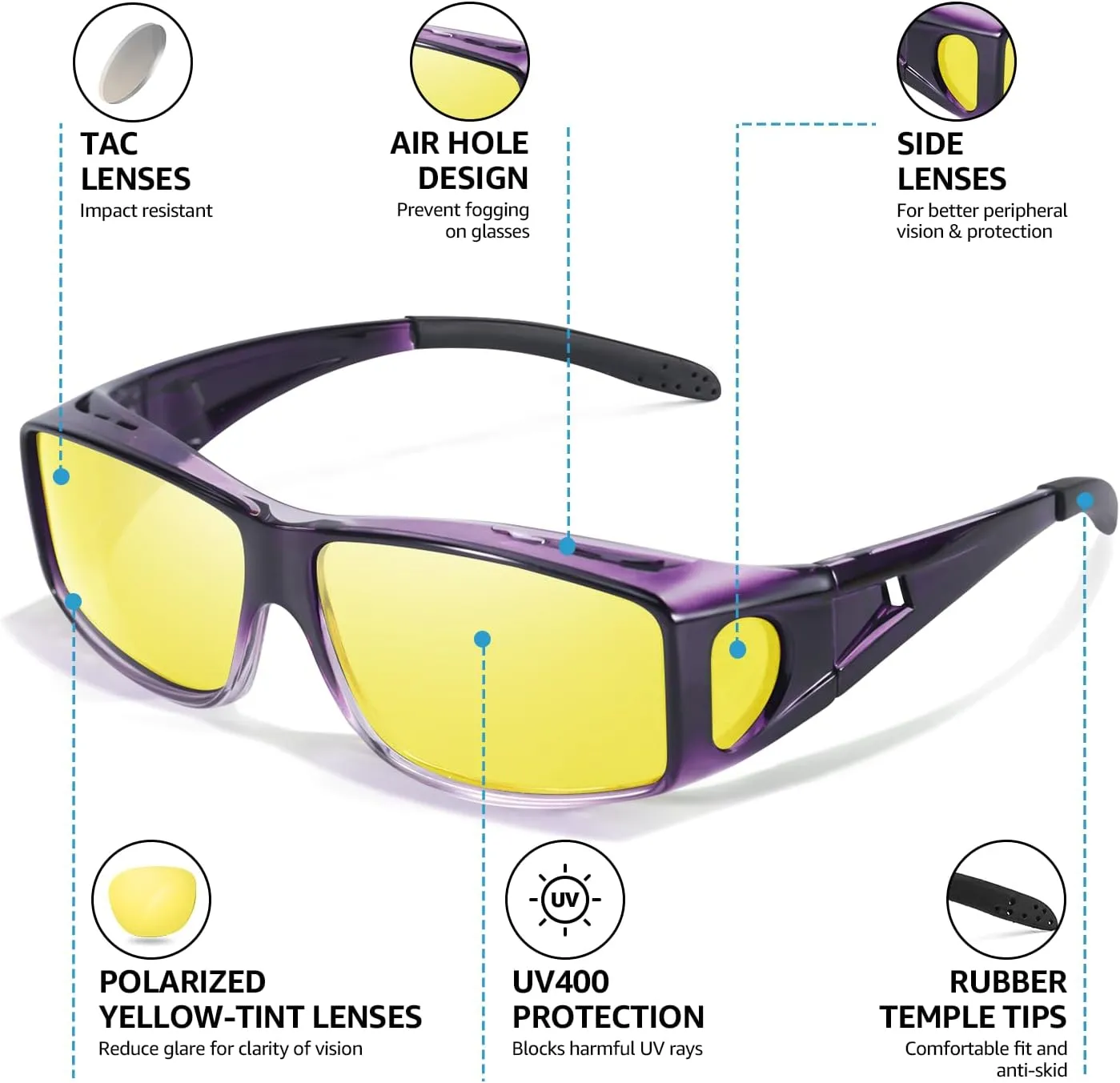 LVIOE Wrap Around Night-Vision Glasses, Fit Over Prescription Glasses with Polarized Yellow Lens Night-Driving Glasses